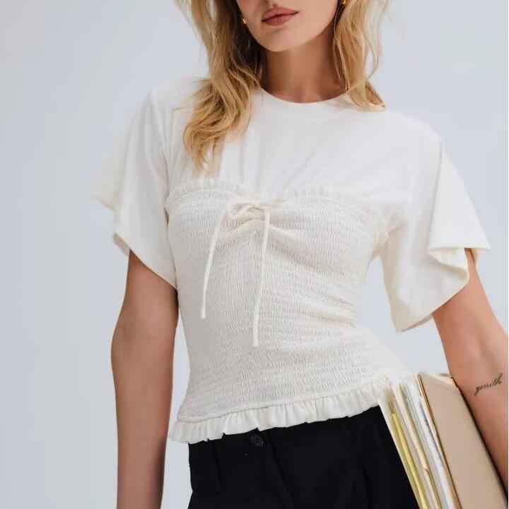 Spring Summer Sexy Design Bow Waist Tight Figure Flattering round Neck Short Sleeve Ruffled T shirt Top