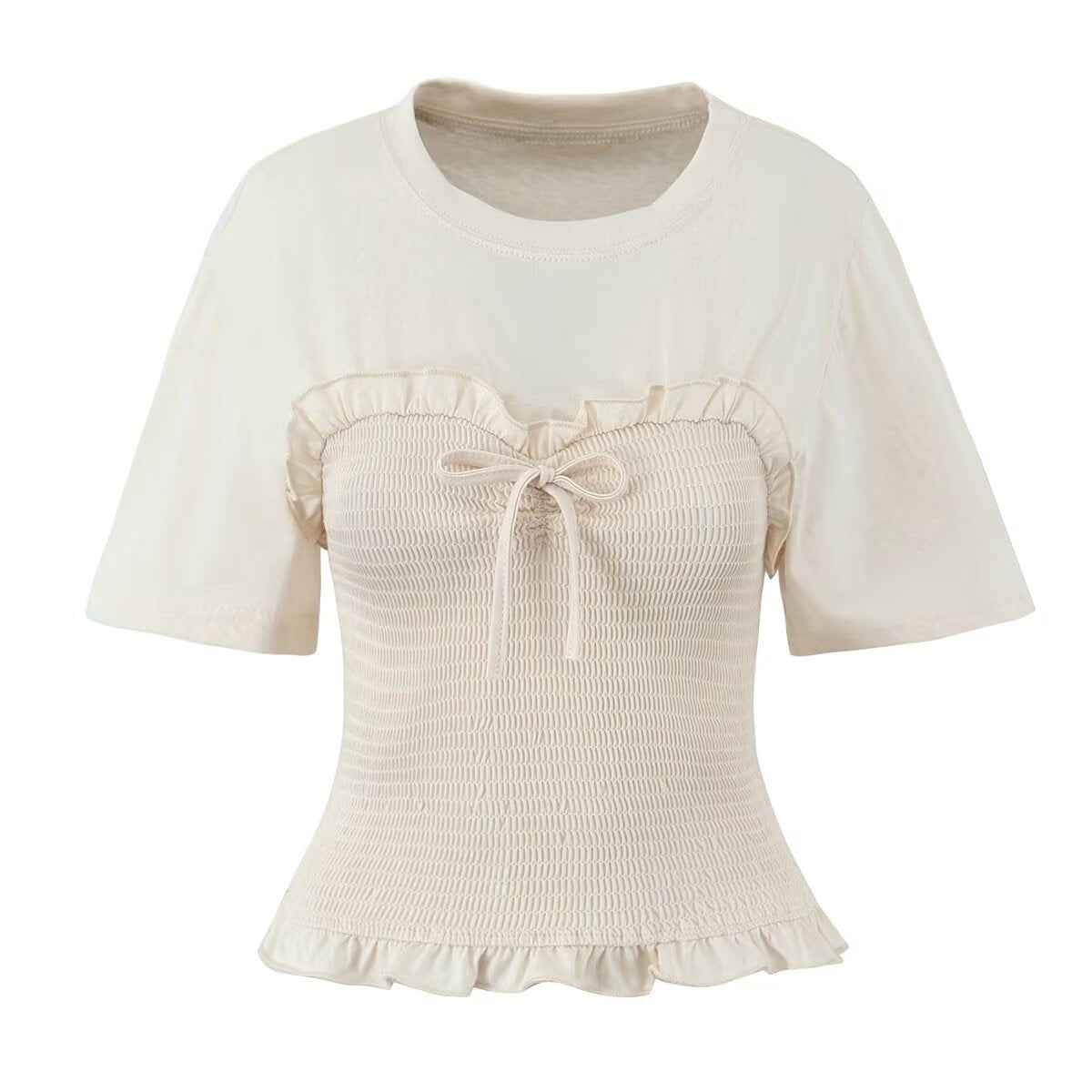 Spring Summer Sexy Design Bow Waist Tight Figure Flattering round Neck Short Sleeve Ruffled T shirt Top