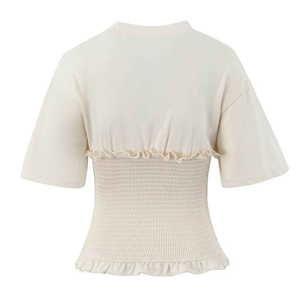 Spring Summer Sexy Design Bow Waist Tight Figure Flattering round Neck Short Sleeve Ruffled T shirt Top