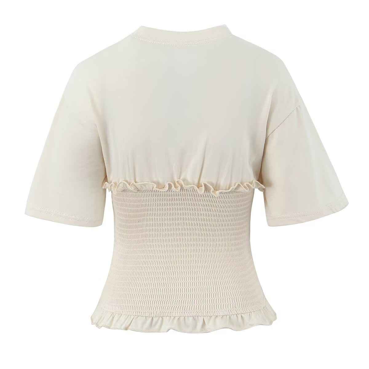 Spring Summer Sexy Design Bow Waist Tight Figure Flattering round Neck Short Sleeve Ruffled T shirt Top