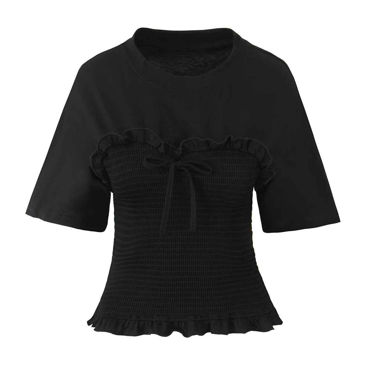 Spring Summer Sexy Design Bow Waist Tight Figure Flattering round Neck Short Sleeve Ruffled T shirt Top