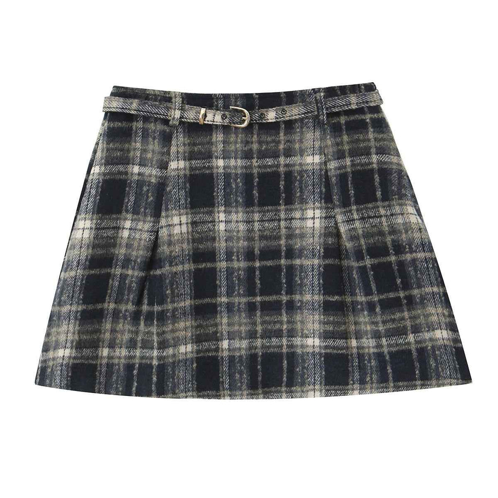 Early Spring Plaid Drawstring Pleated Short Skirt Spring High Waist A line Skirt