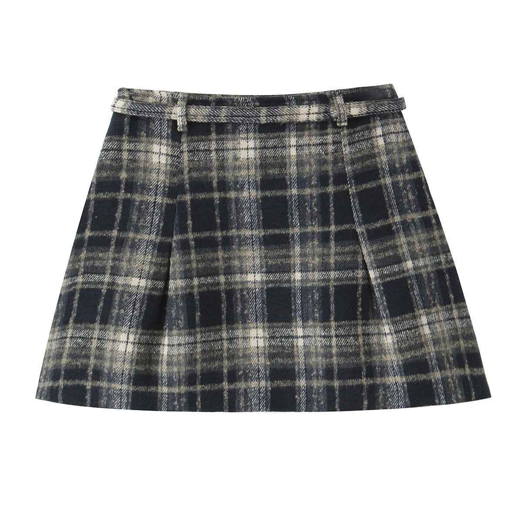 Early Spring Plaid Drawstring Pleated Short Skirt Spring High Waist A line Skirt