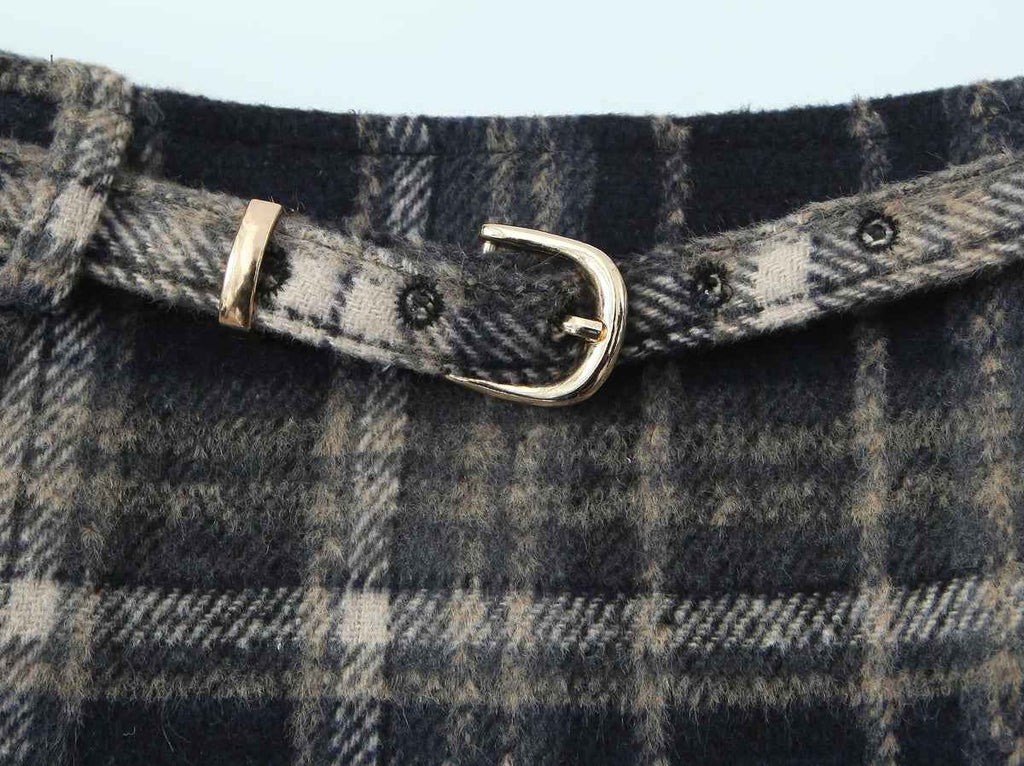 Early Spring Plaid Drawstring Pleated Short Skirt Spring High Waist A line Skirt