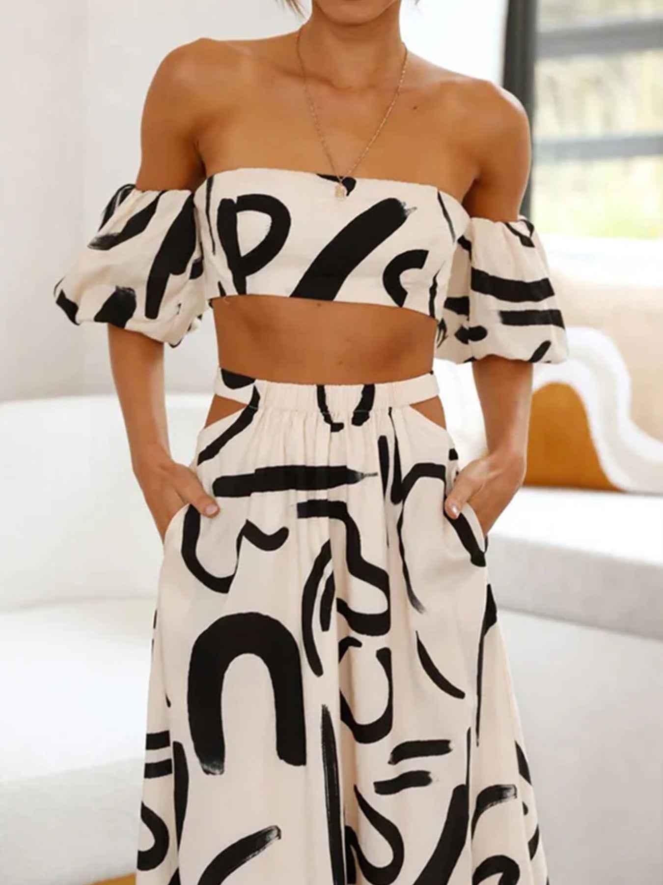 Women Summer Puff Sleeve Top Hollow Out Cutout out Large Swing Dress Split Skirt Set