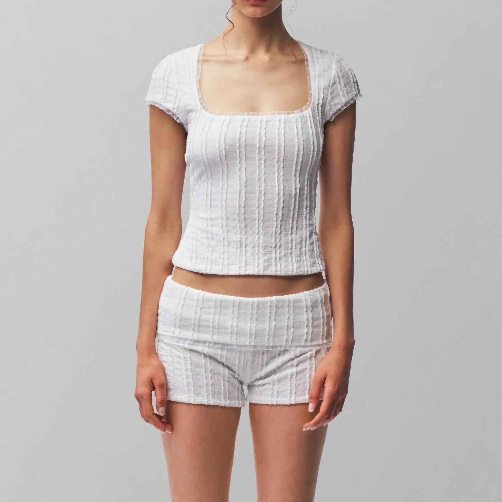 Spring Sunken Stripe Jacquard High Elastic Lace Square Collar Short Sleeve Top Shorts