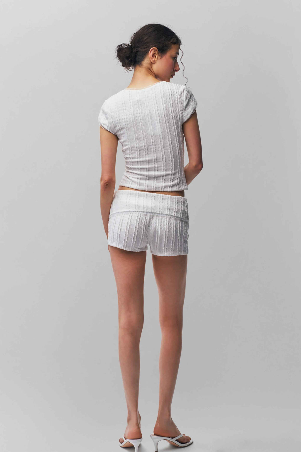 Spring Sunken Stripe Jacquard High Elastic Lace Square Collar Short Sleeve Top Shorts