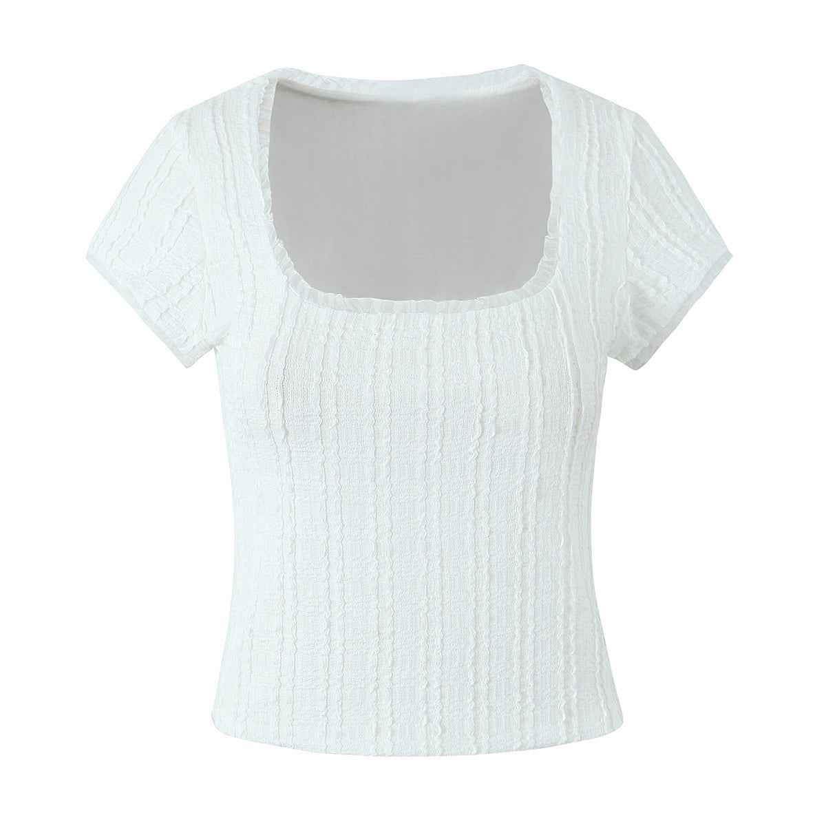 Spring Sunken Stripe Jacquard High Elastic Lace Square Collar Short Sleeve Top Shorts