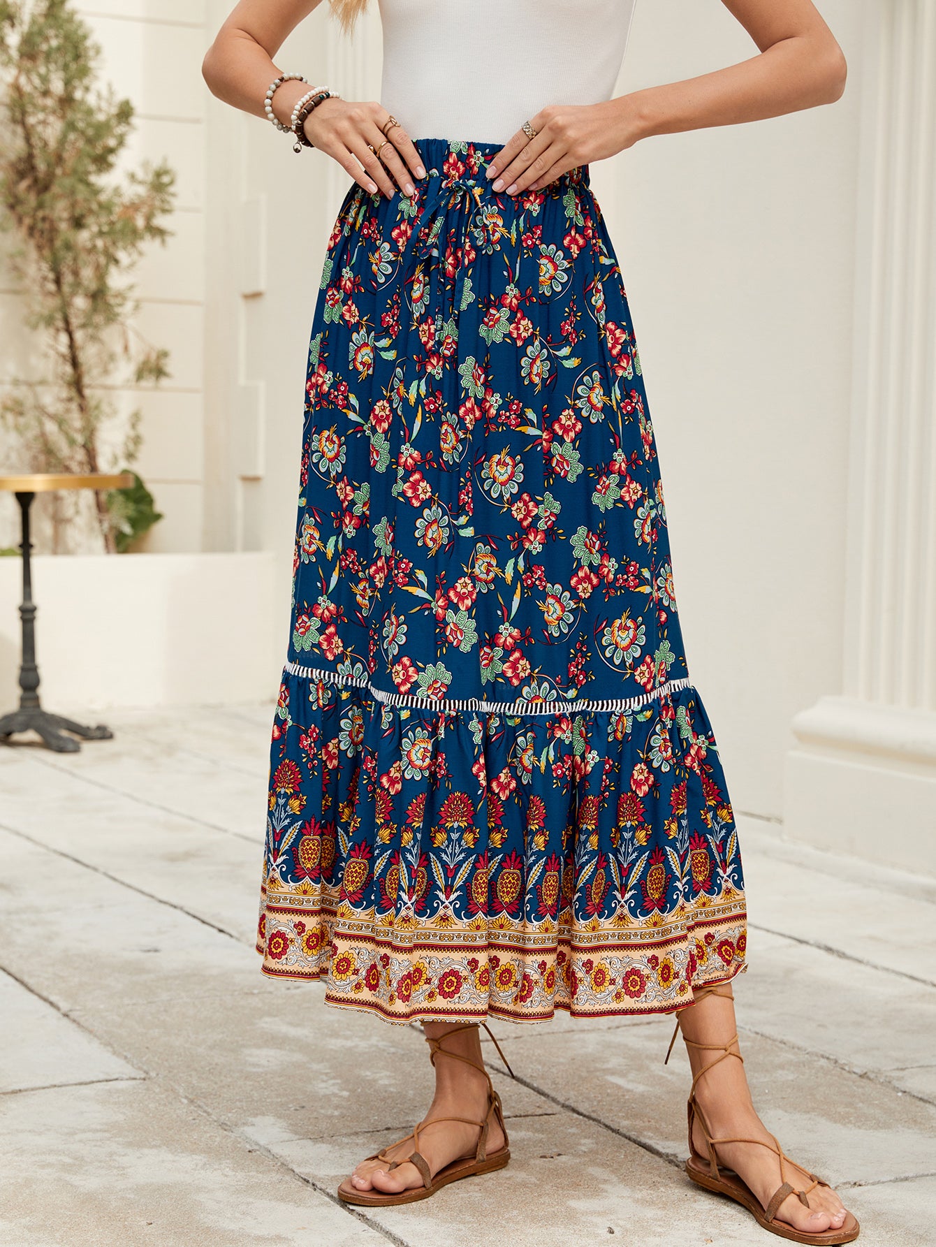Women Positioning Printed Bohemian Holiday Skirt Seaside Beach Skirt - ALZO