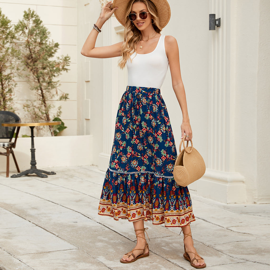 Women Positioning Printed Bohemian Holiday Skirt Seaside Beach Skirt - ALZO