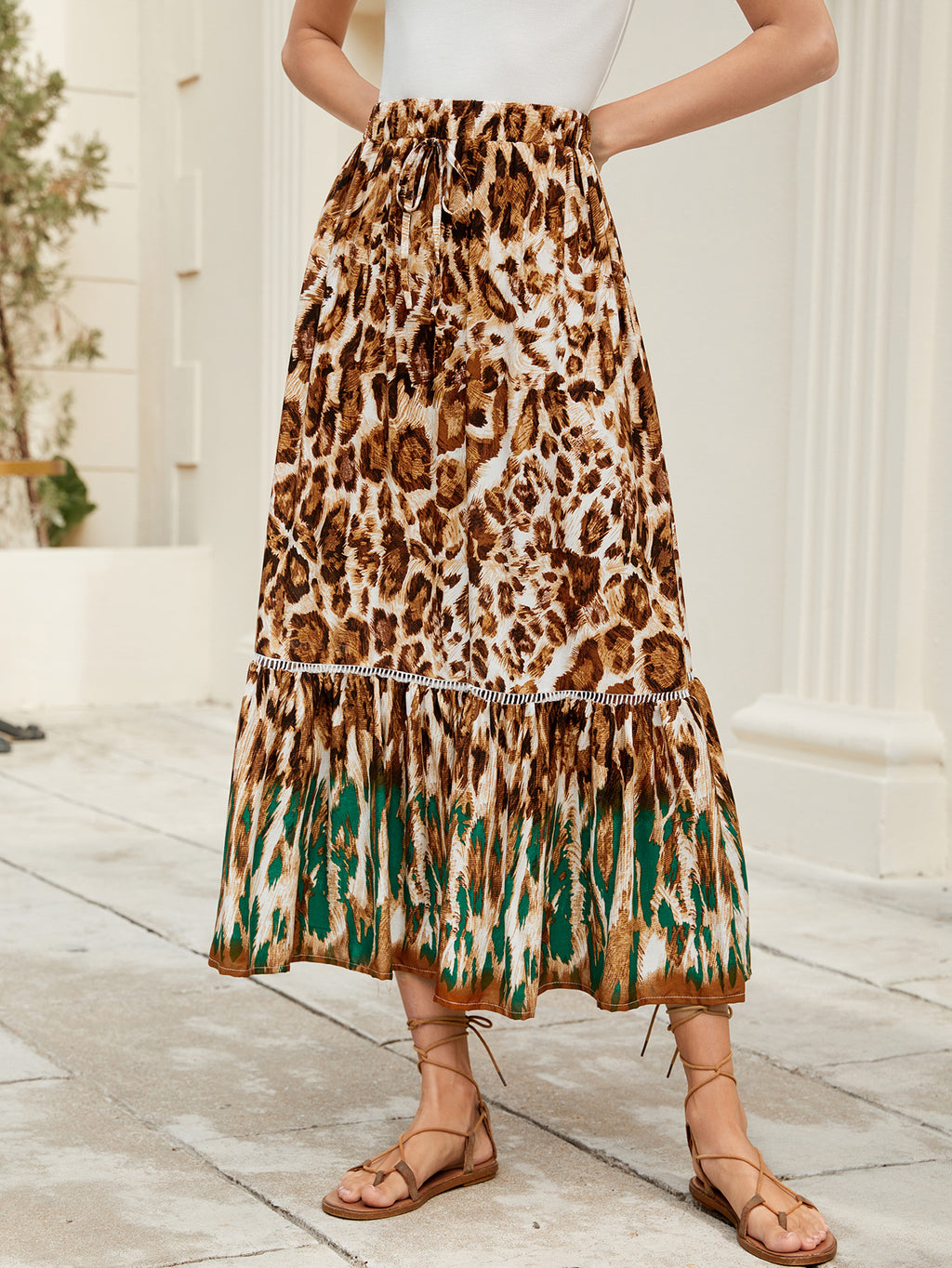Women Leopard Print Printed Bohemian Holiday Skirt Seaside Beach Skirt - ALZO