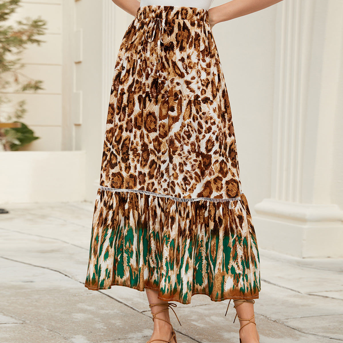 Women Leopard Print Printed Bohemian Holiday Skirt Seaside Beach Skirt - ALZO
