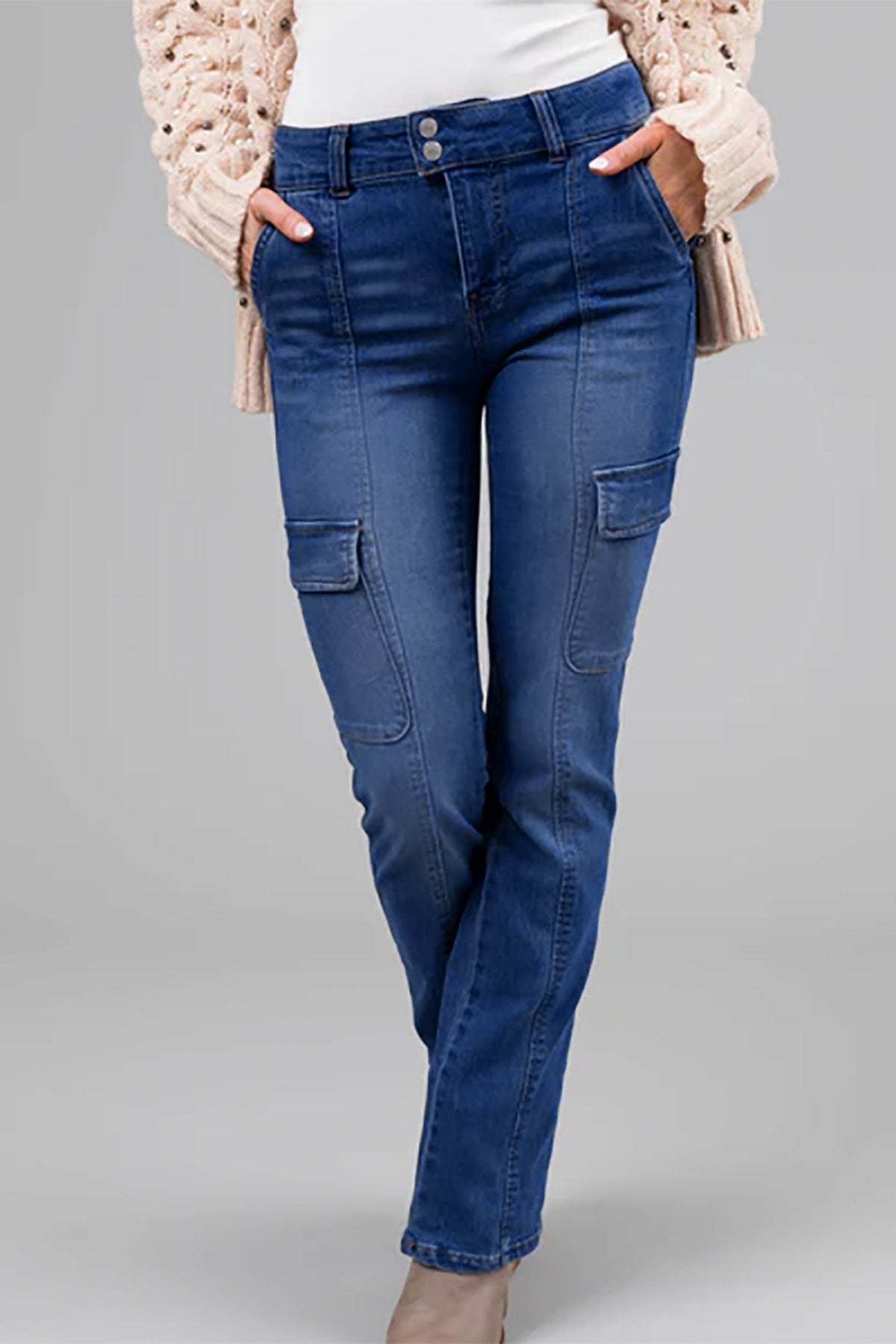 Ladies Double Buckle Waist Stitching Multi Pocket Side Sticker Bag Overalls Denim Stretch Trousers - ALZO