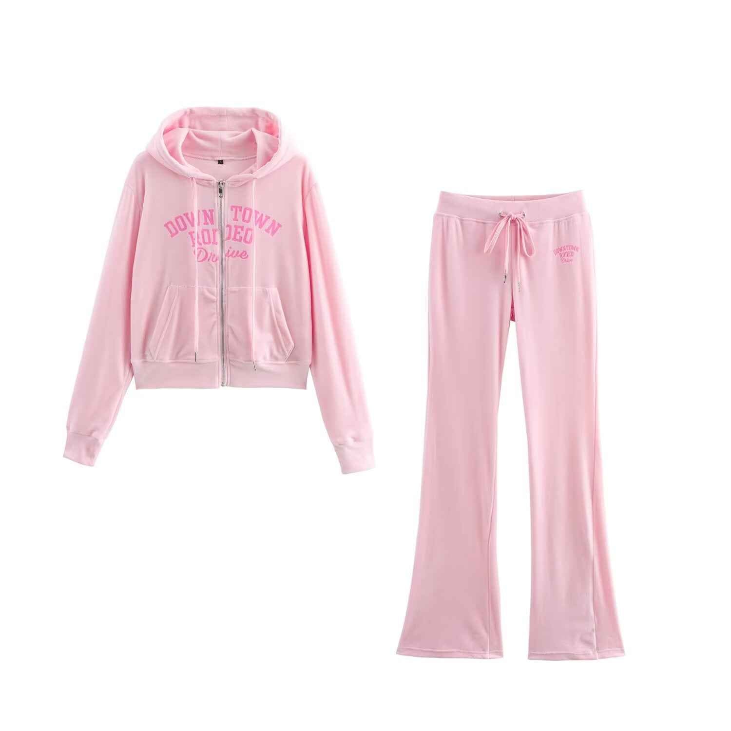 Letter Graphic Print Hooded Velvet Jacket Bootcut Pants Casual Sports Set