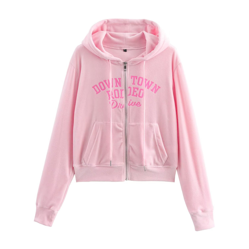 Letter Graphic Print Hooded Velvet Jacket Bootcut Pants Casual Sports Set - ALZO