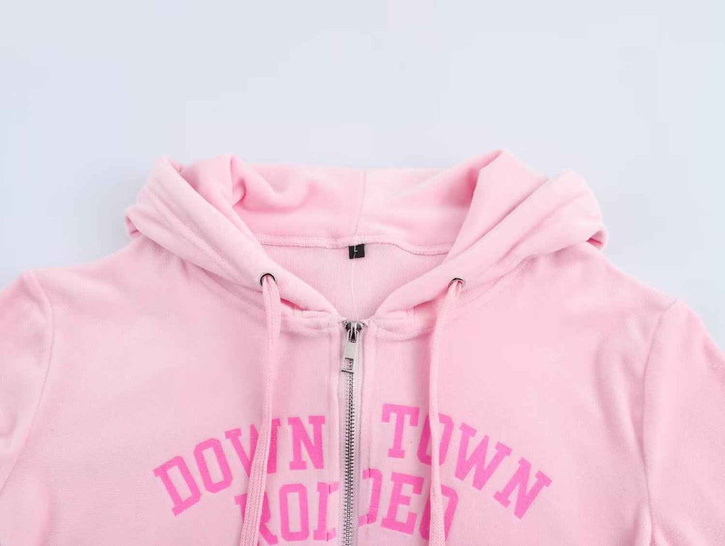 Letter Graphic Print Hooded Velvet Jacket Bootcut Pants Casual Sports Set