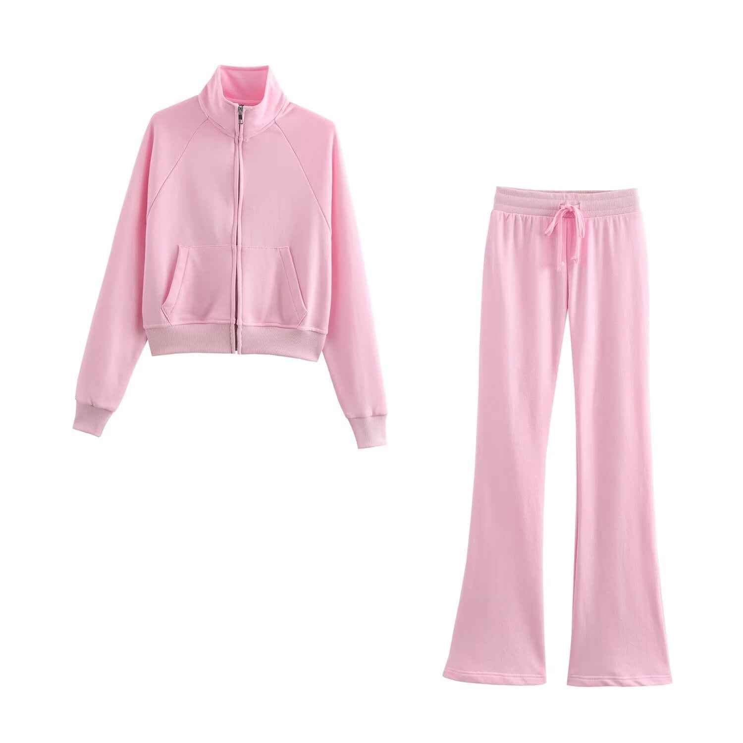 Women Clothing Long Sleeve Zipper Jacket Coat High Waist Flared Pants Sweater Set