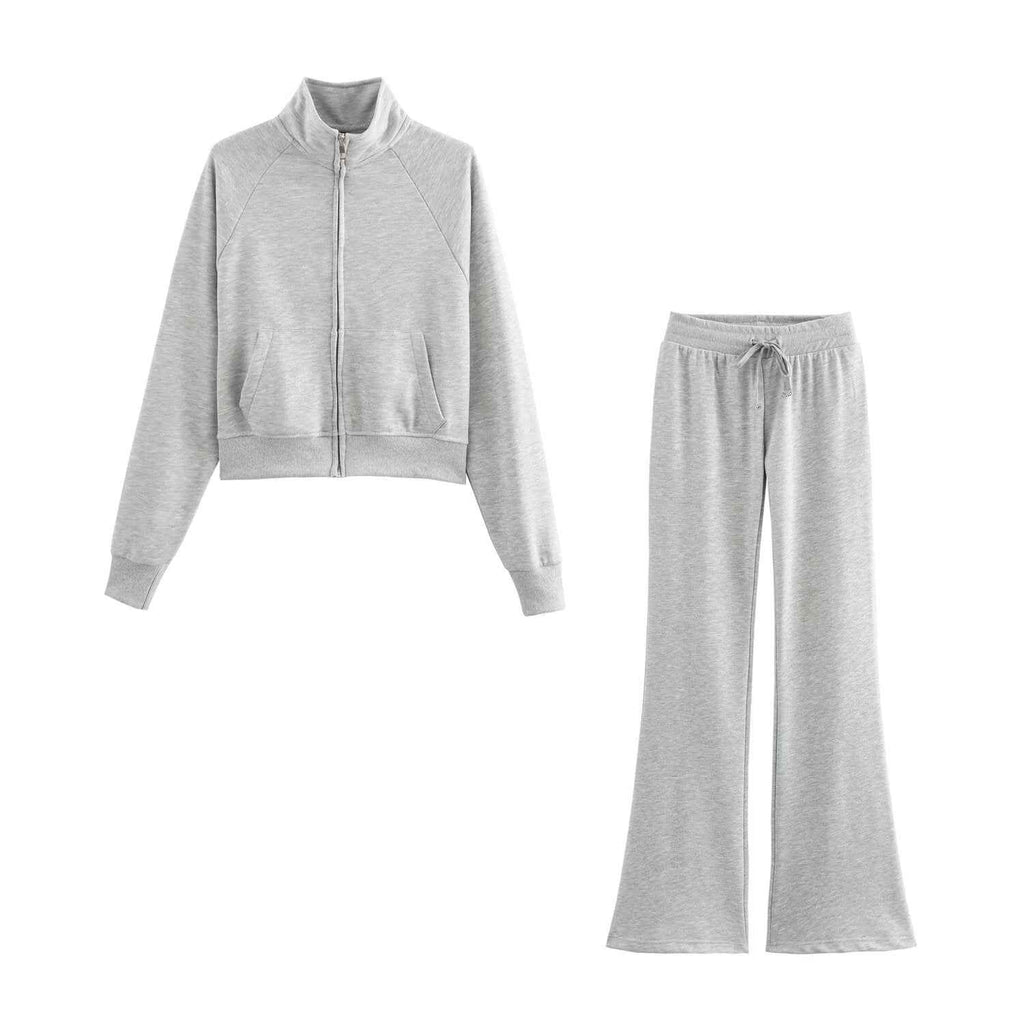 Women Clothing Long Sleeve Zipper Jacket Coat High Waist Flared Pants Sweater Set