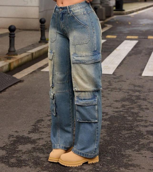 Heavy Industry Retro Nostalgic Washed Street Cargo Hip Hop Multi Pocket Cargo Pants Straight Jeans - ALZO