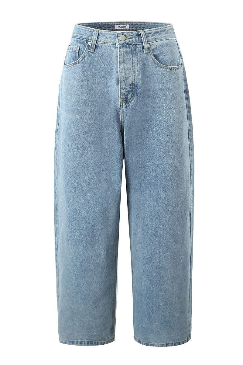 Women Spring Sexy Idle One Breasted Washed Straight Loose Wide Leg Jeans - ALZO