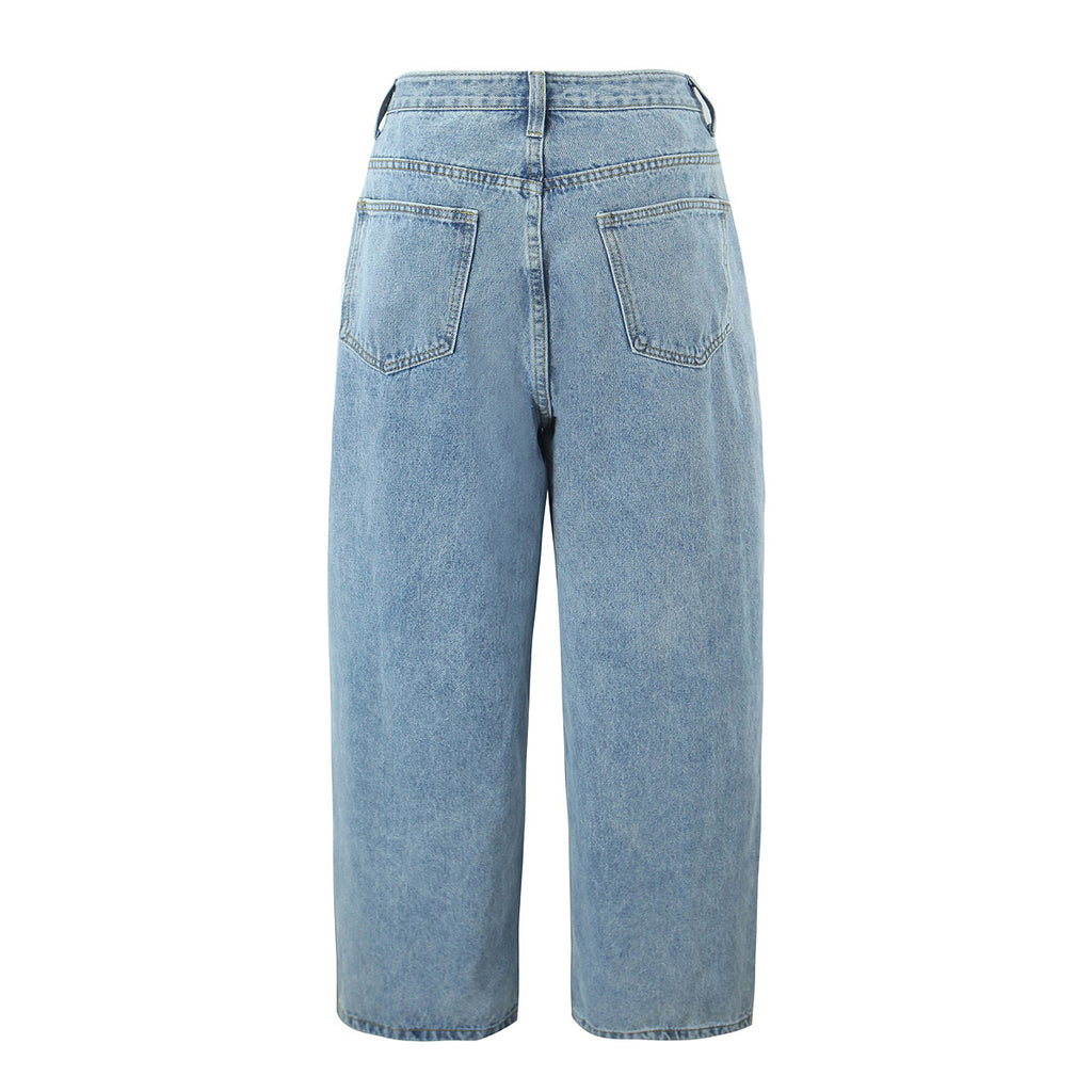 Women Spring Sexy Idle One Breasted Washed Straight Loose Wide Leg Jeans - ALZO