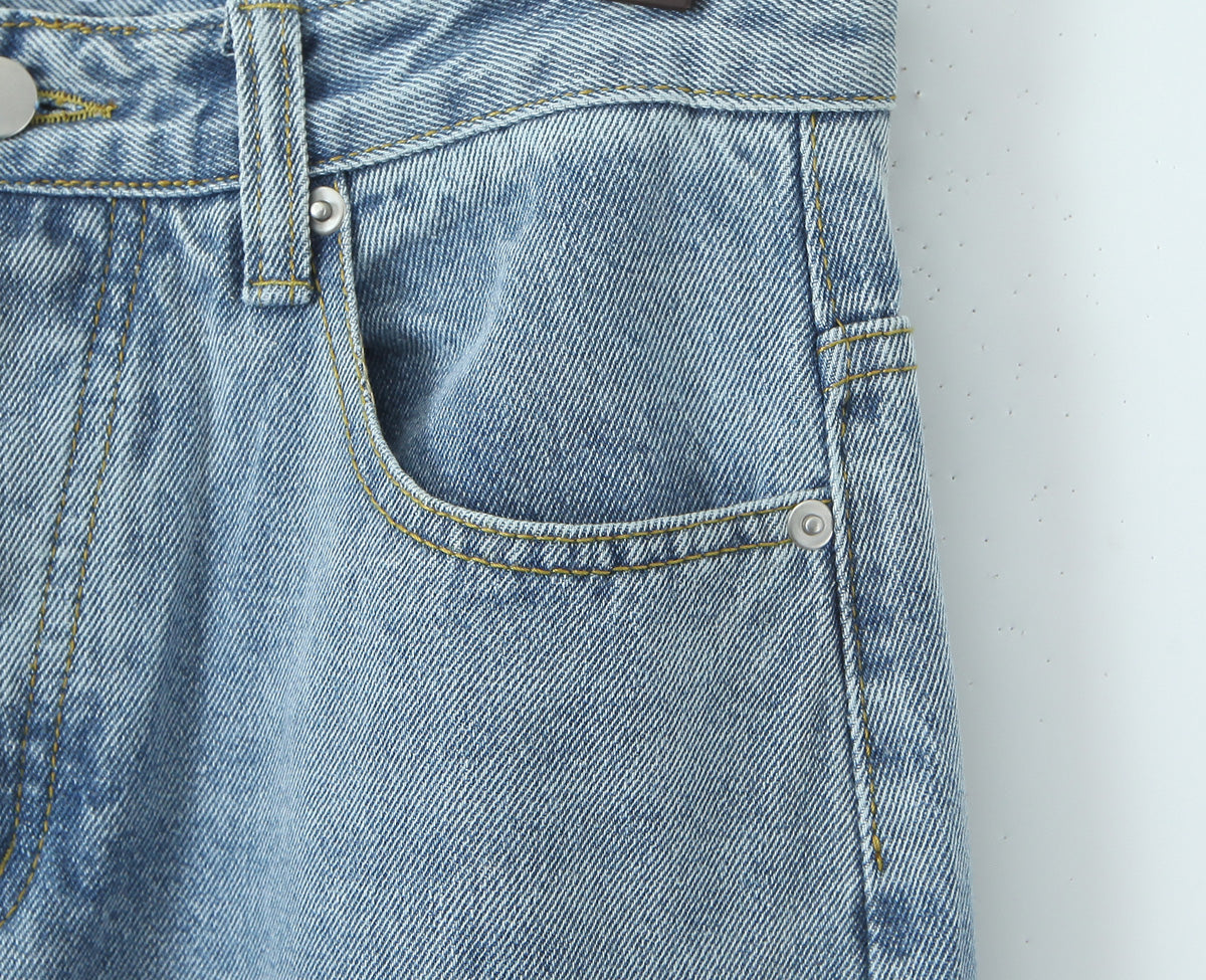 Women Spring Sexy Idle One Breasted Washed Straight Loose Wide Leg Jeans - ALZO