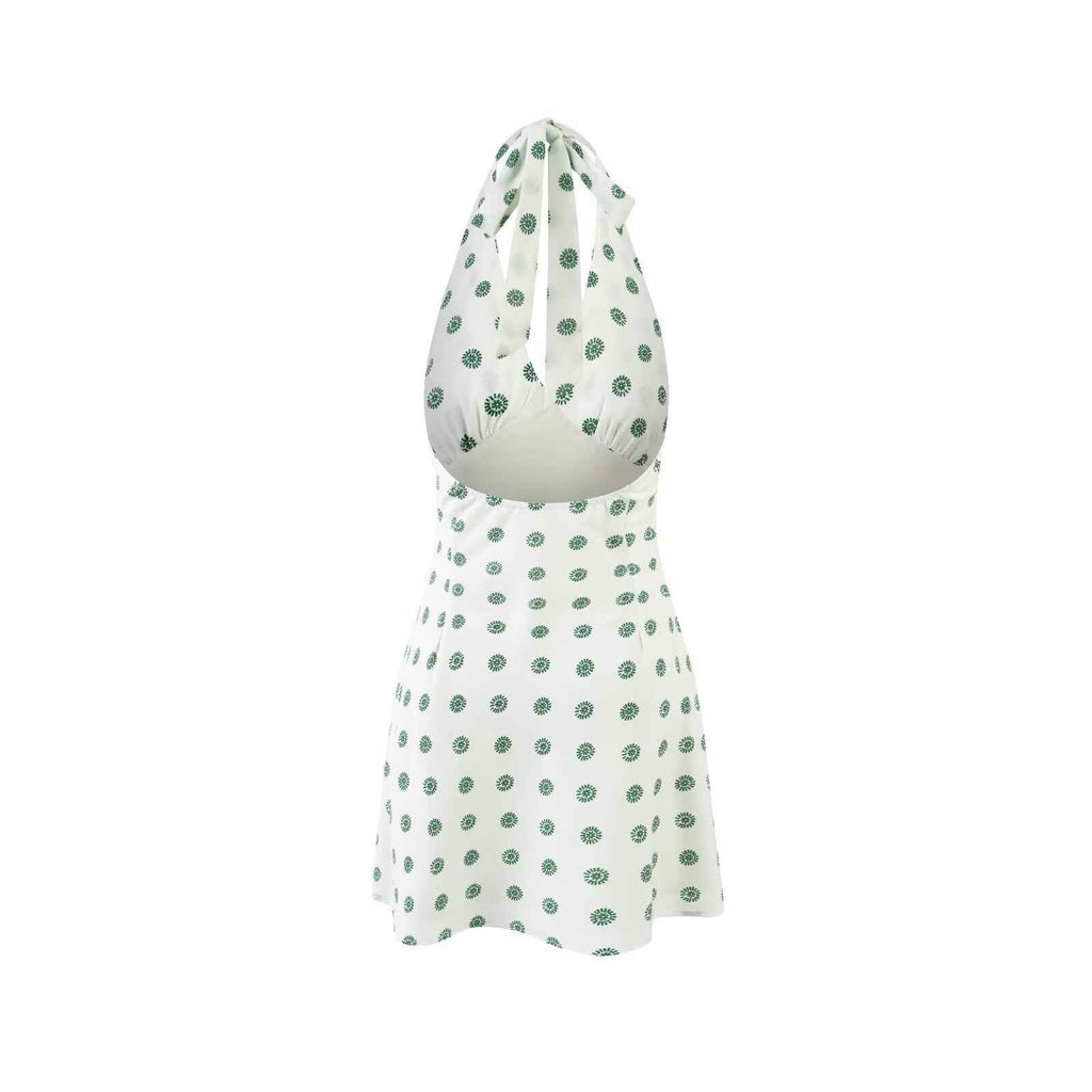Spring Retro Dots Printed Lace up Halter Sexy Sexy Slim Fit Dress