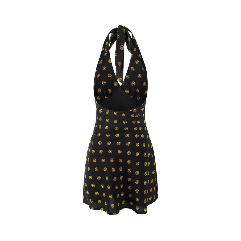 Spring Retro Dots Printed Lace up Halter Sexy Sexy Slim Fit Dress