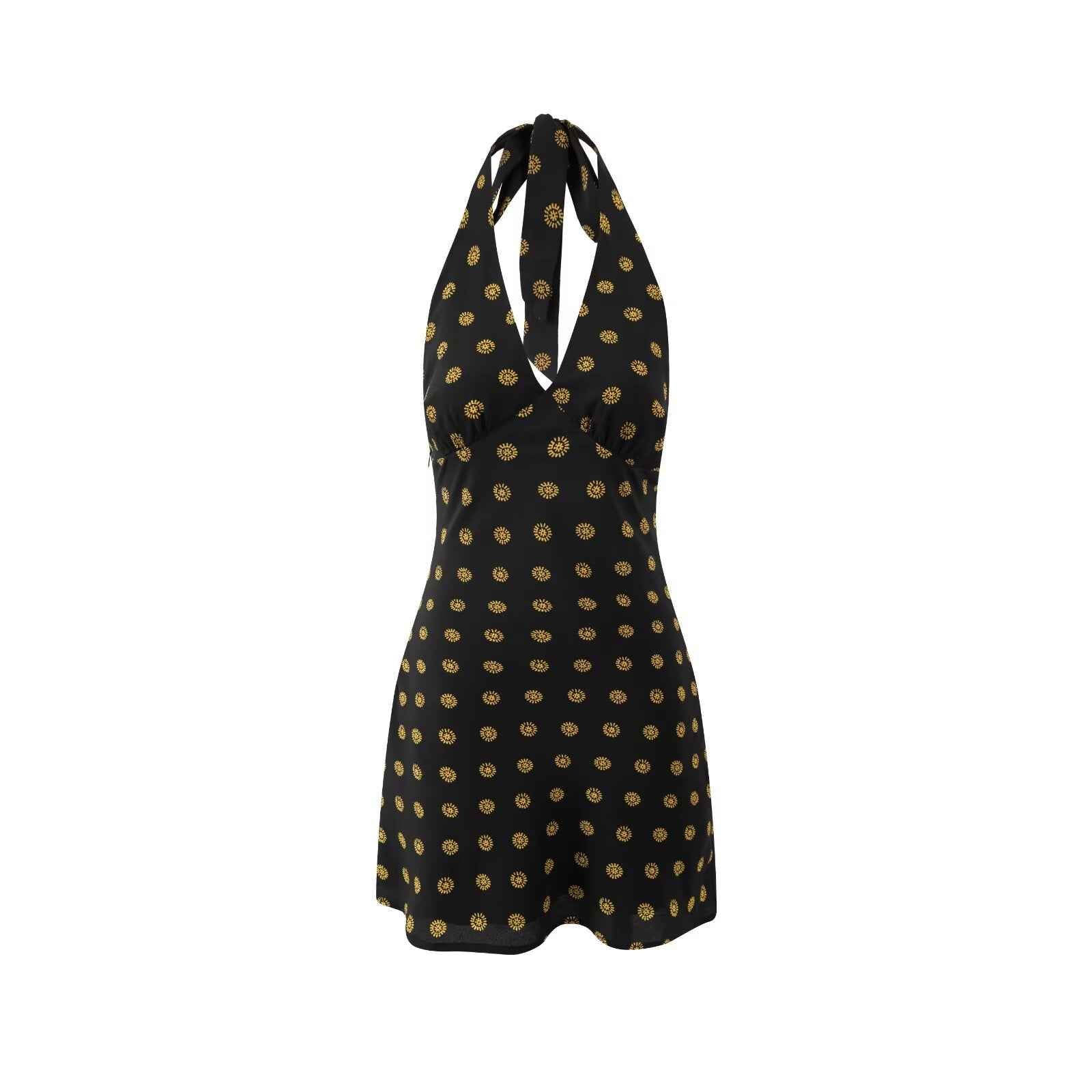 Spring Retro Dots Printed Lace up Halter Sexy Sexy Slim Fit Dress