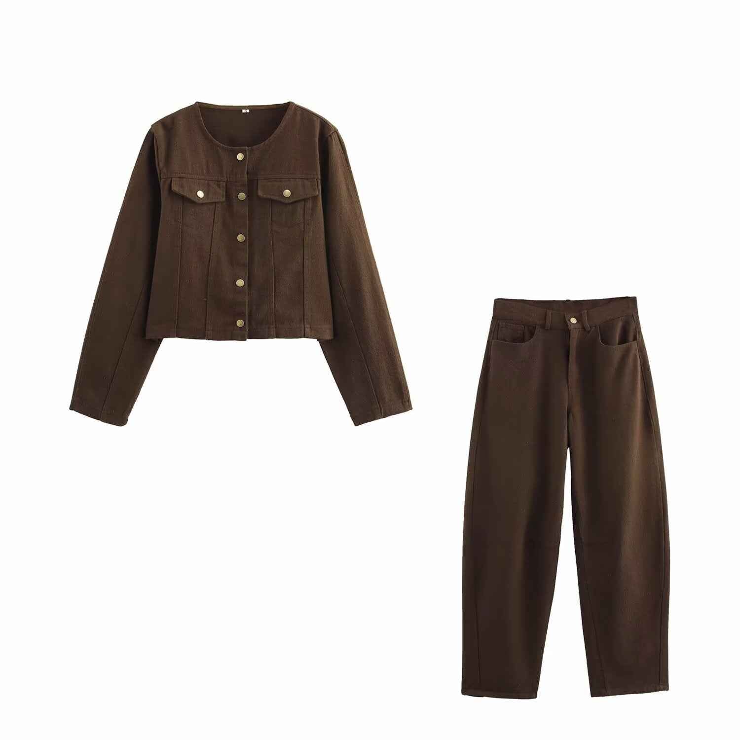 Washed Denim Brown round Neck Long Sleeve Tooling Short Jacket Loose High Waist Jeans Casual Set Women