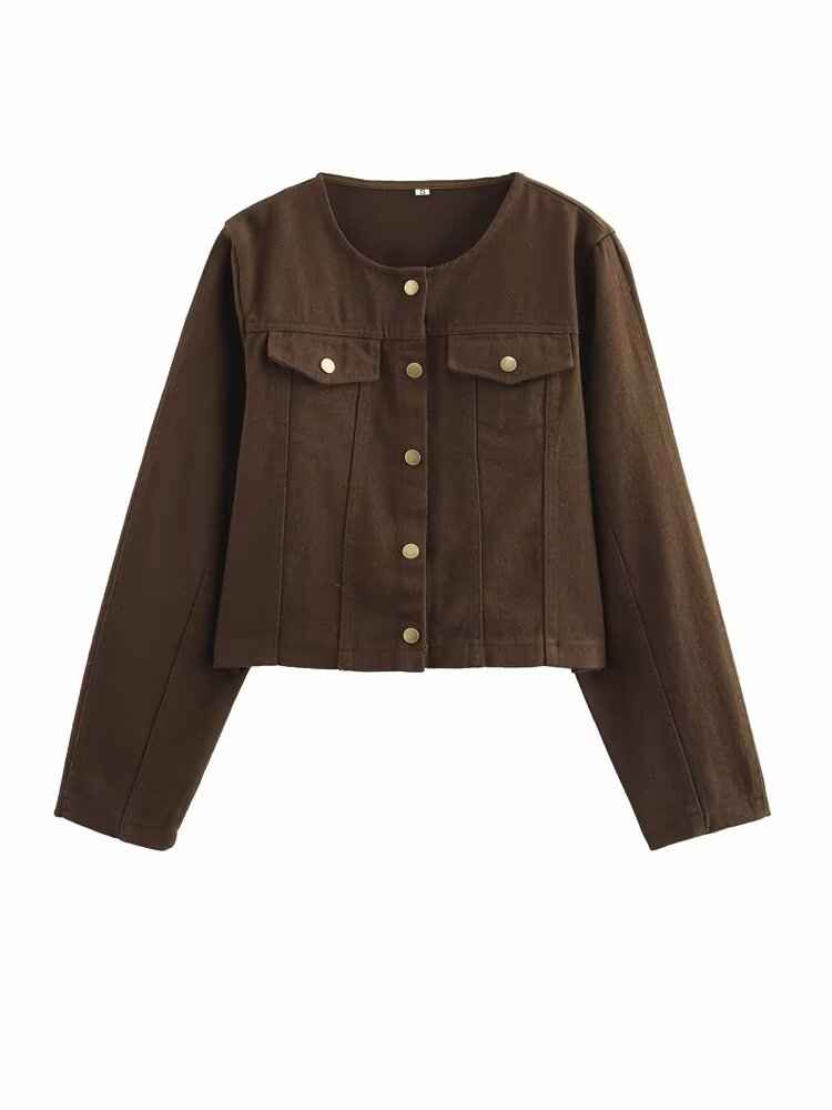 Washed Denim Brown round Neck Long Sleeve Tooling Short Jacket Loose High Waist Jeans Casual Set Women