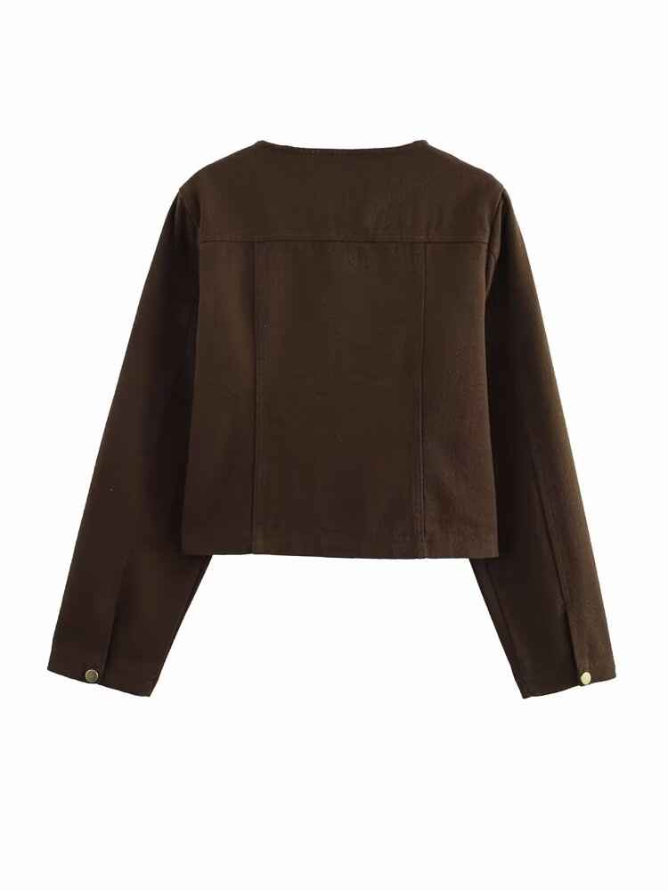 Washed Denim Brown round Neck Long Sleeve Tooling Short Jacket Loose High Waist Jeans Casual Set Women