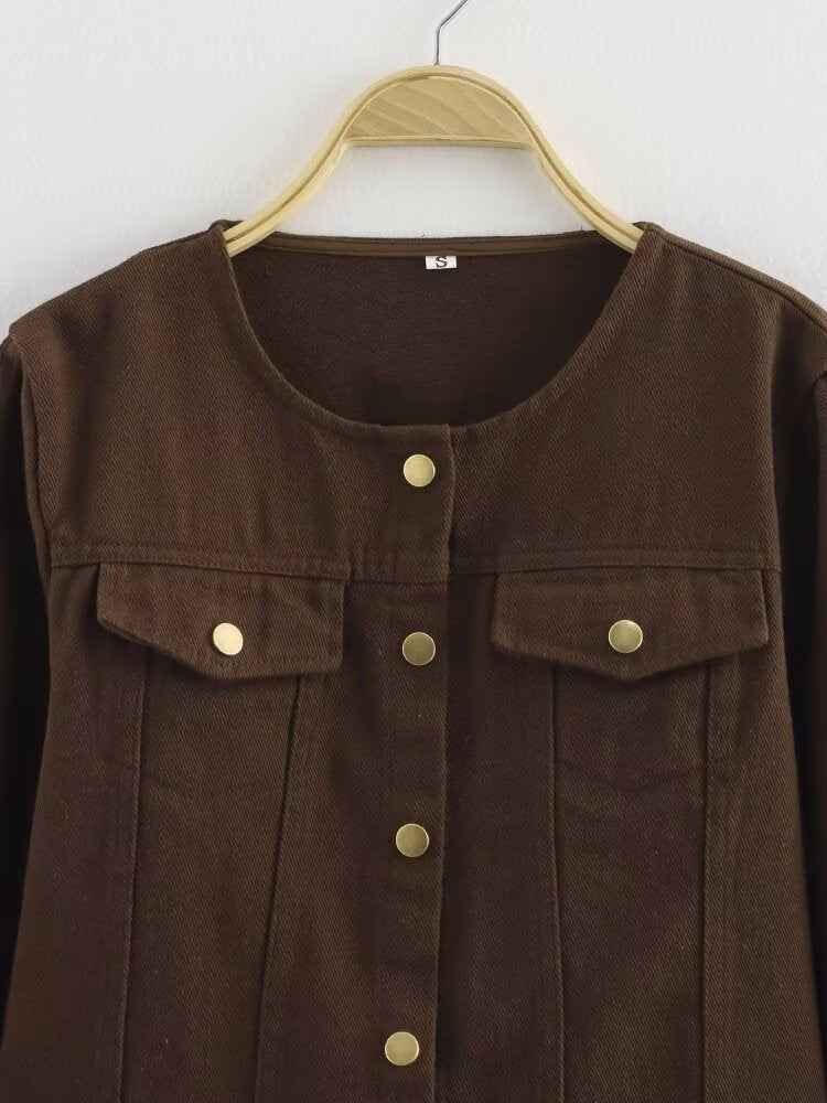 Washed Denim Brown round Neck Long Sleeve Tooling Short Jacket Loose High Waist Jeans Casual Set Women