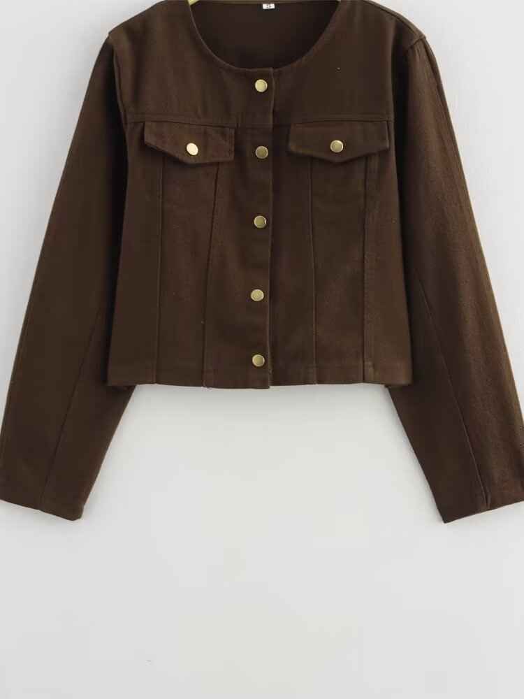Washed Denim Brown round Neck Long Sleeve Tooling Short Jacket Loose High Waist Jeans Casual Set Women