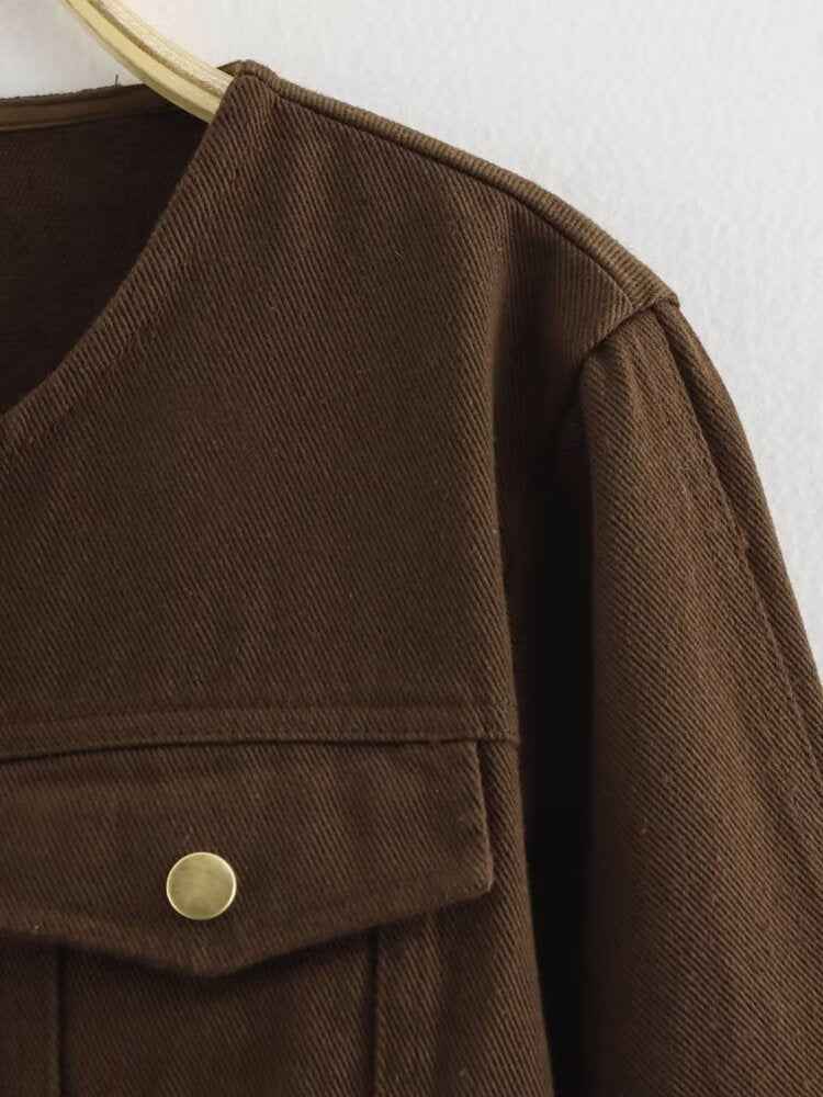 Washed Denim Brown round Neck Long Sleeve Tooling Short Jacket Loose High Waist Jeans Casual Set Women