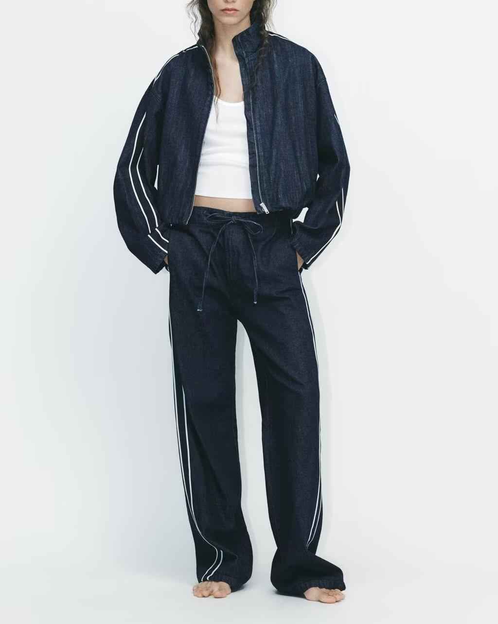 Spring Stitching Stripe Belt Denim Coat Trousers Sets