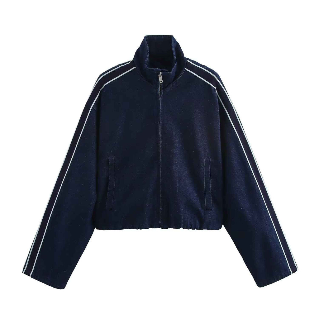 Spring Stitching Stripe Belt Denim Coat Trousers Sets