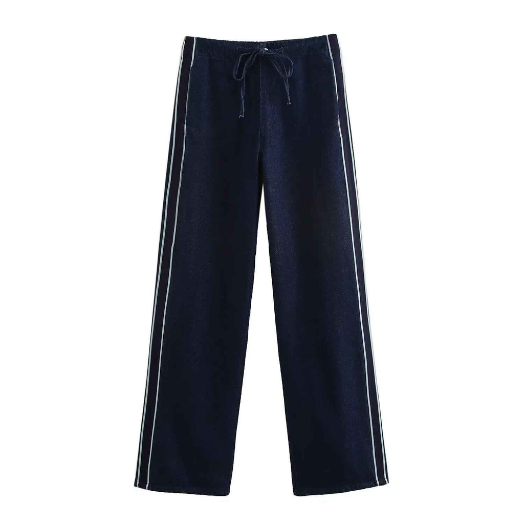 Spring Stitching Stripe Belt Denim Coat Trousers Sets