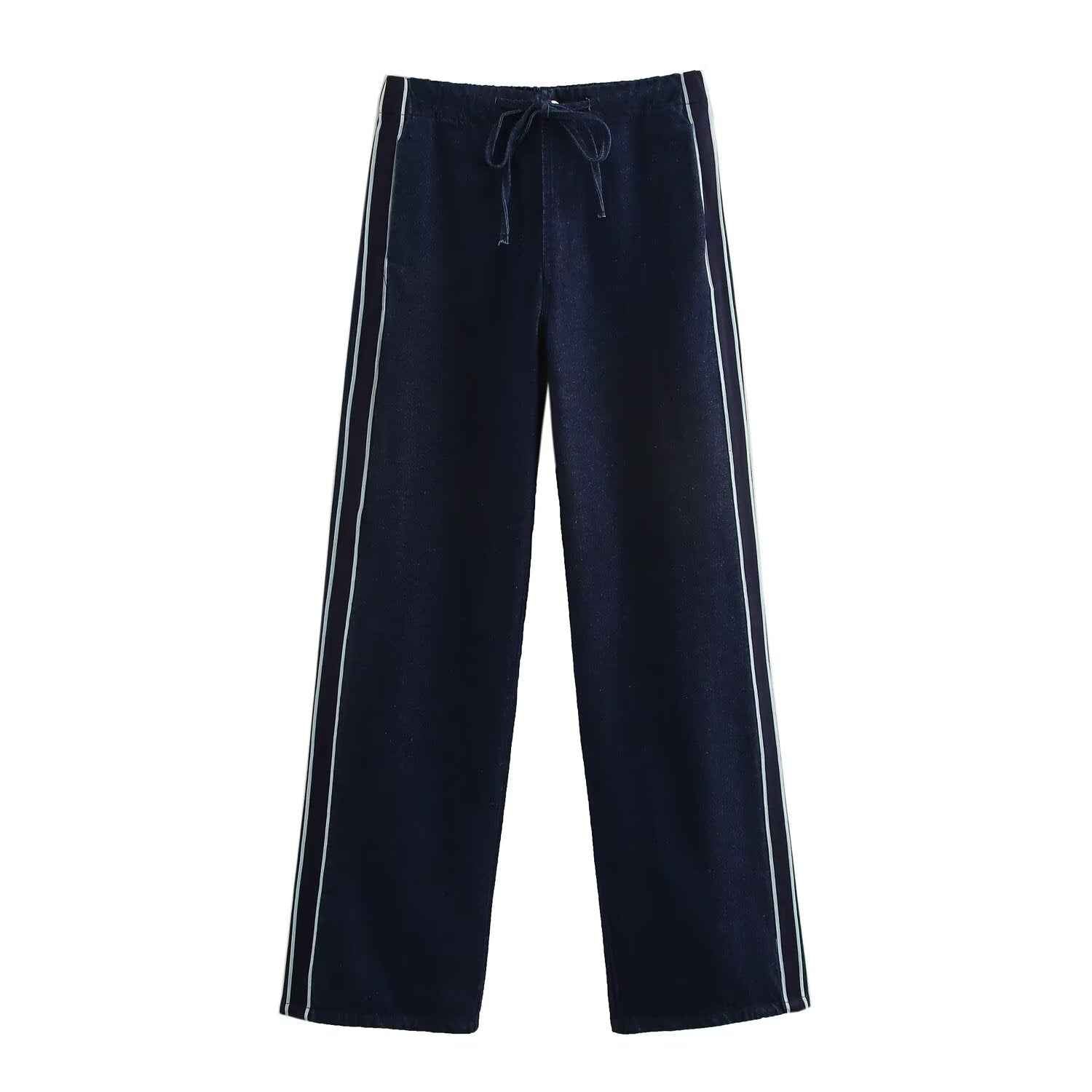 Spring Stitching Stripe Belt Denim Coat Trousers Sets