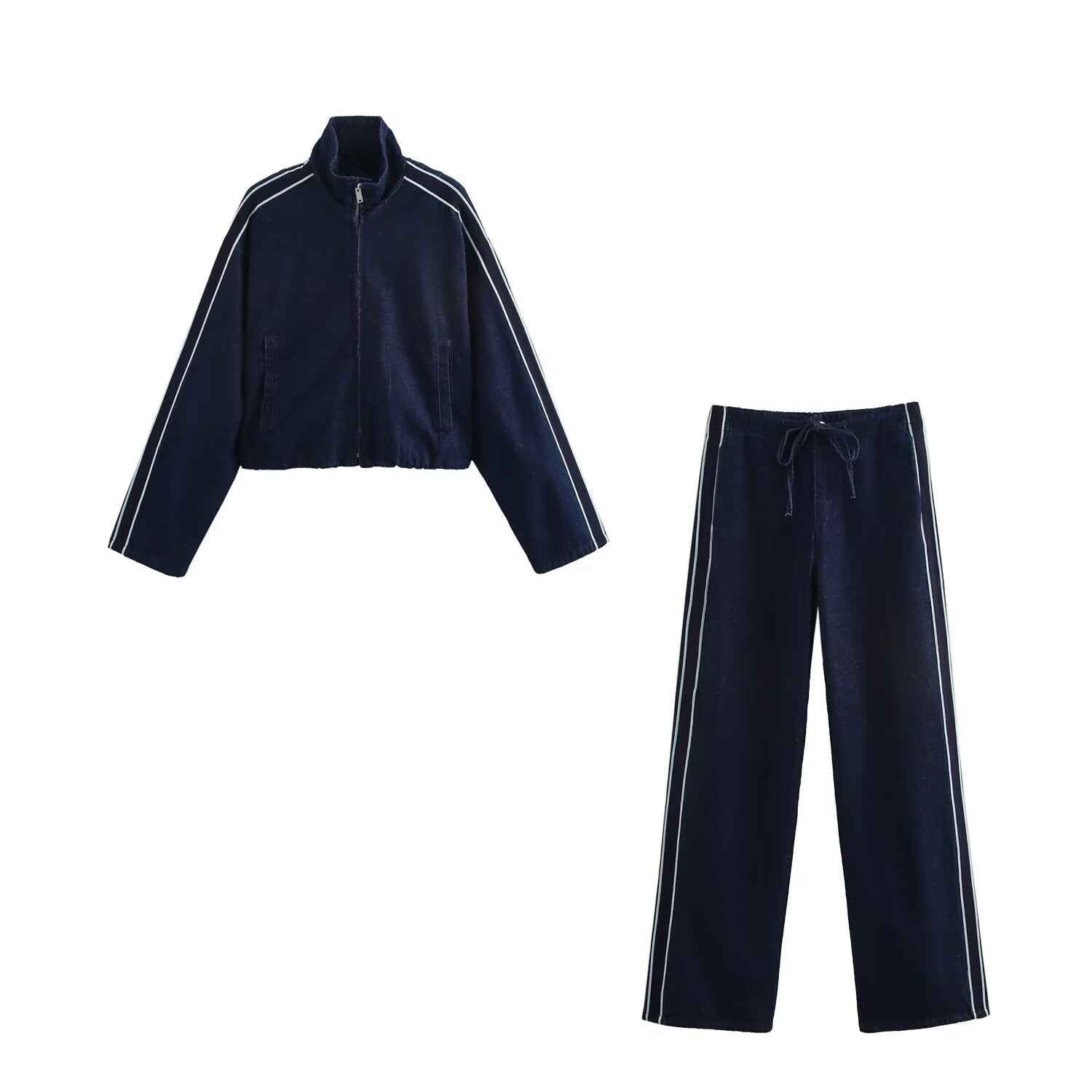Spring Stitching Stripe Belt Denim Coat Trousers Sets