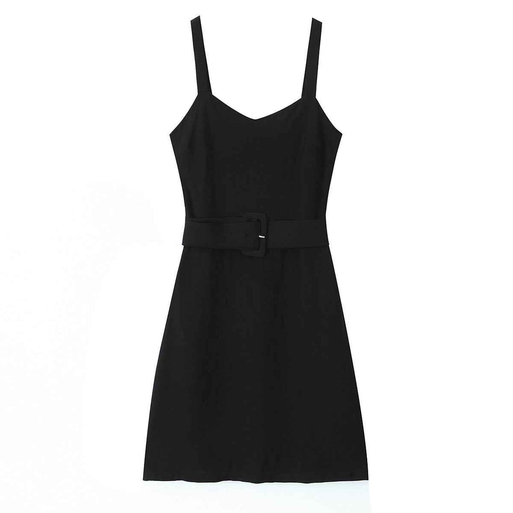 Spring Retro V neck Suspender Sleeveless Dress French Special Interest Design High Waist with Belt Slim Fit A line Dress