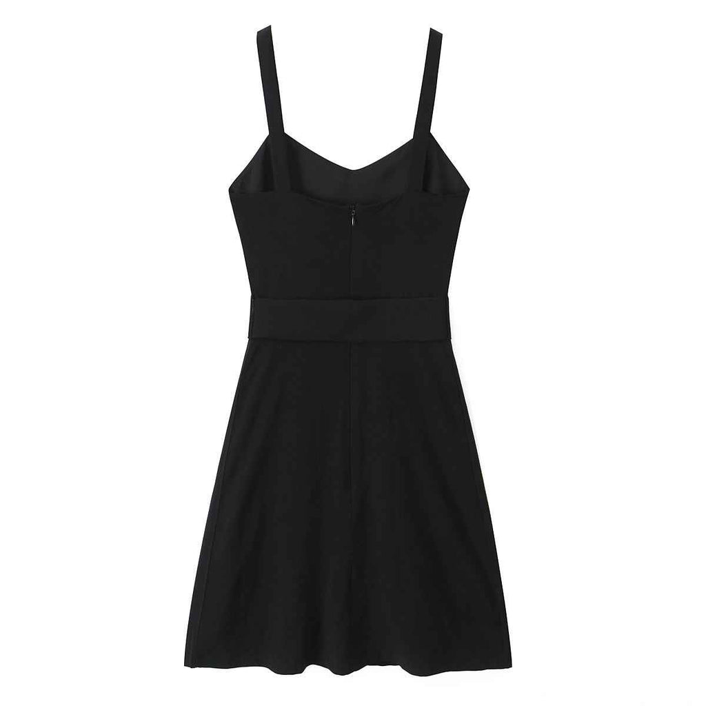 Spring Retro V neck Suspender Sleeveless Dress French Special Interest Design High Waist with Belt Slim Fit A line Dress