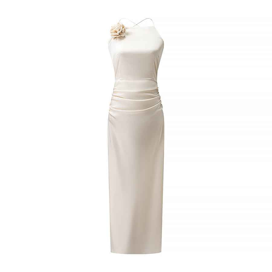 Spring Summer Women Fashionable Elegant Sexy Fitted Waist Pleated Rose Sling Dress