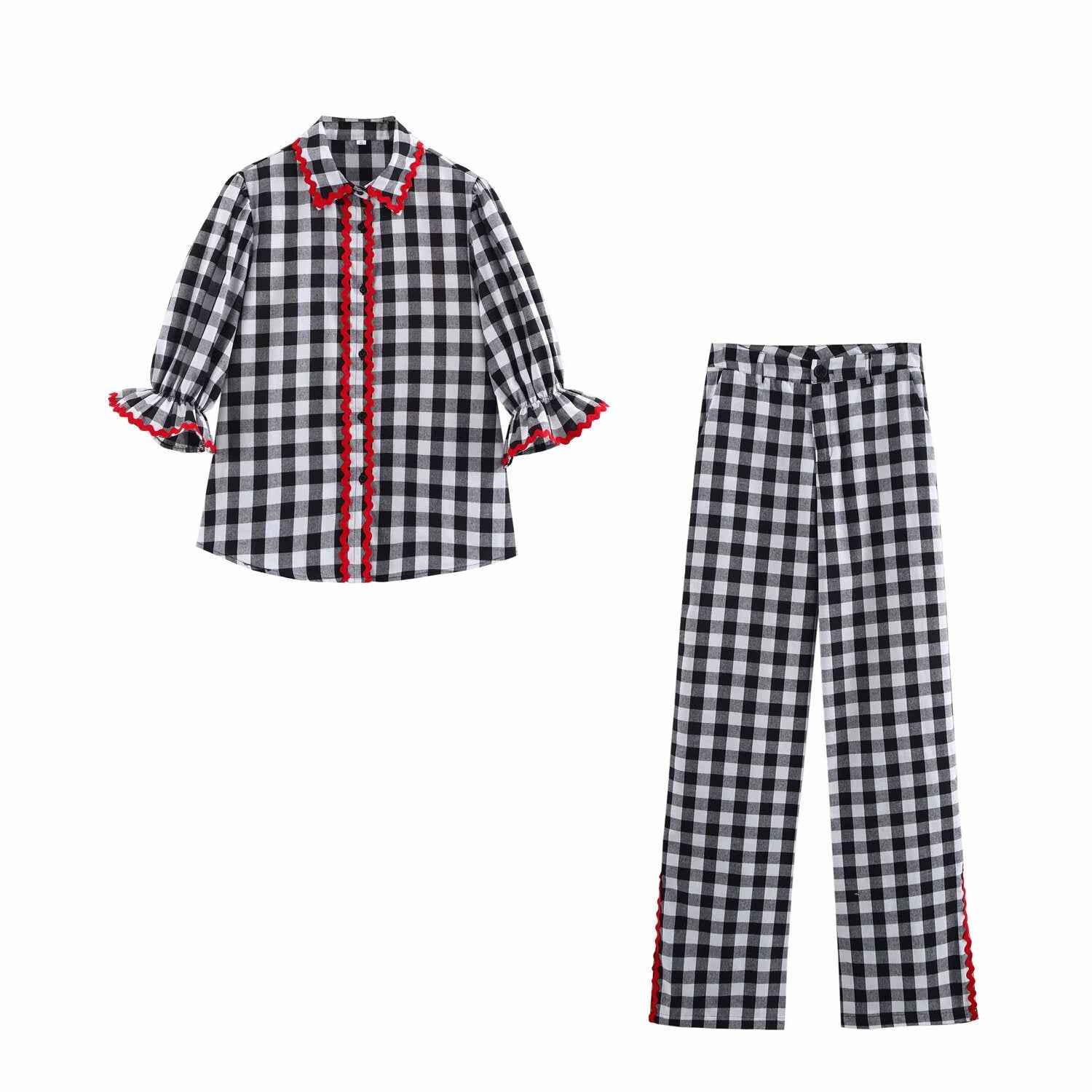 Spring Home Wear Retro Color Contrast Check Half Sleeve Shirt Trousers for Women