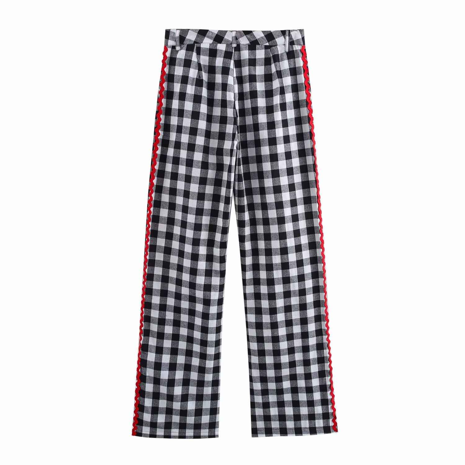 Spring Home Wear Retro Color Contrast Check Half Sleeve Shirt Trousers for Women