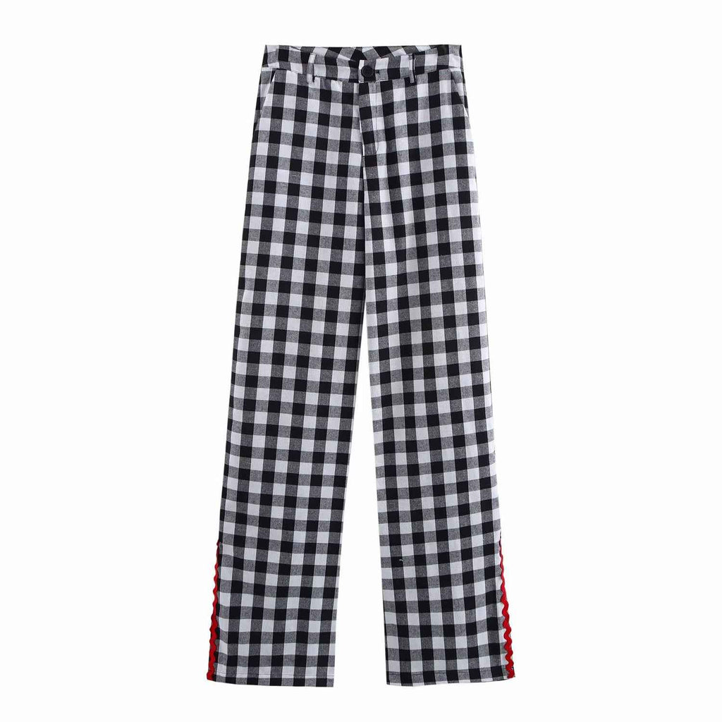Spring Home Wear Retro Color Contrast Check Half Sleeve Shirt Trousers for Women