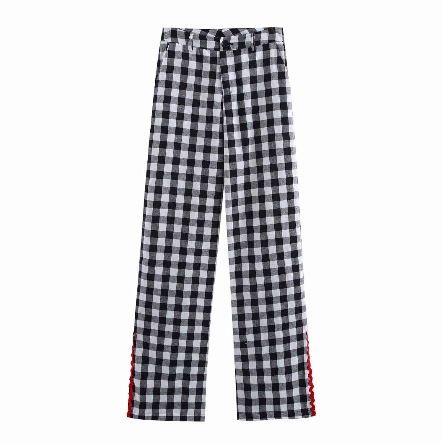 Spring Home Wear Retro Color Contrast Check Half Sleeve Shirt Trousers for Women