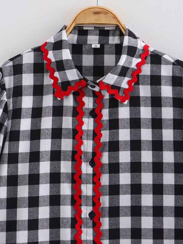 Spring Home Wear Retro Color Contrast Check Half Sleeve Shirt Trousers for Women