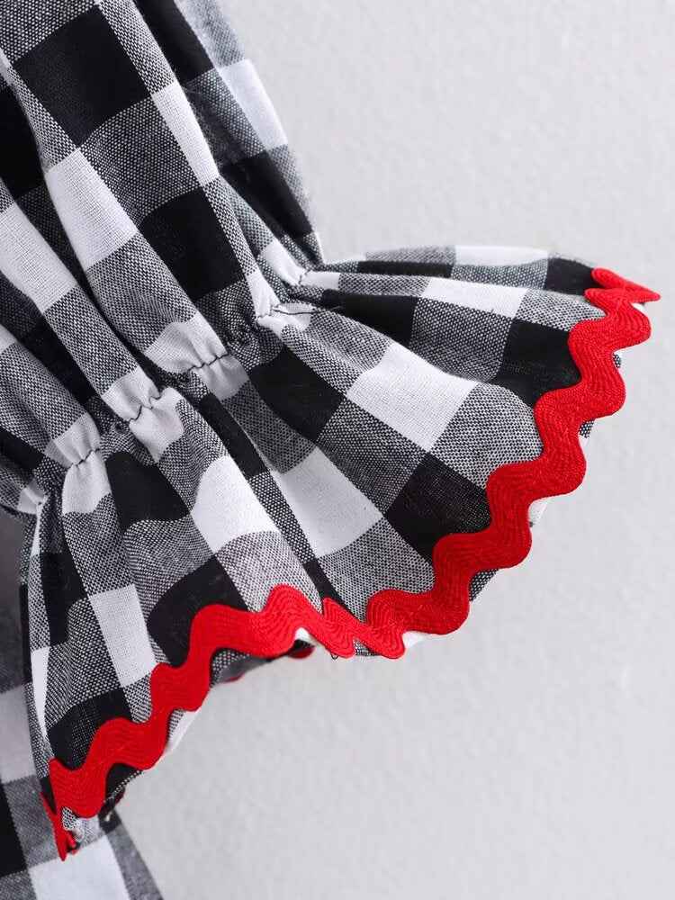 Spring Home Wear Retro Color Contrast Check Half Sleeve Shirt Trousers for Women