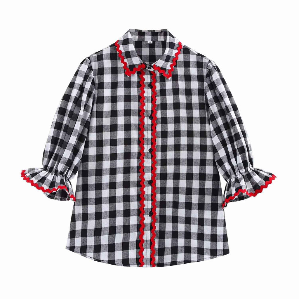 Spring Home Wear Retro Color Contrast Check Half Sleeve Shirt Trousers for Women